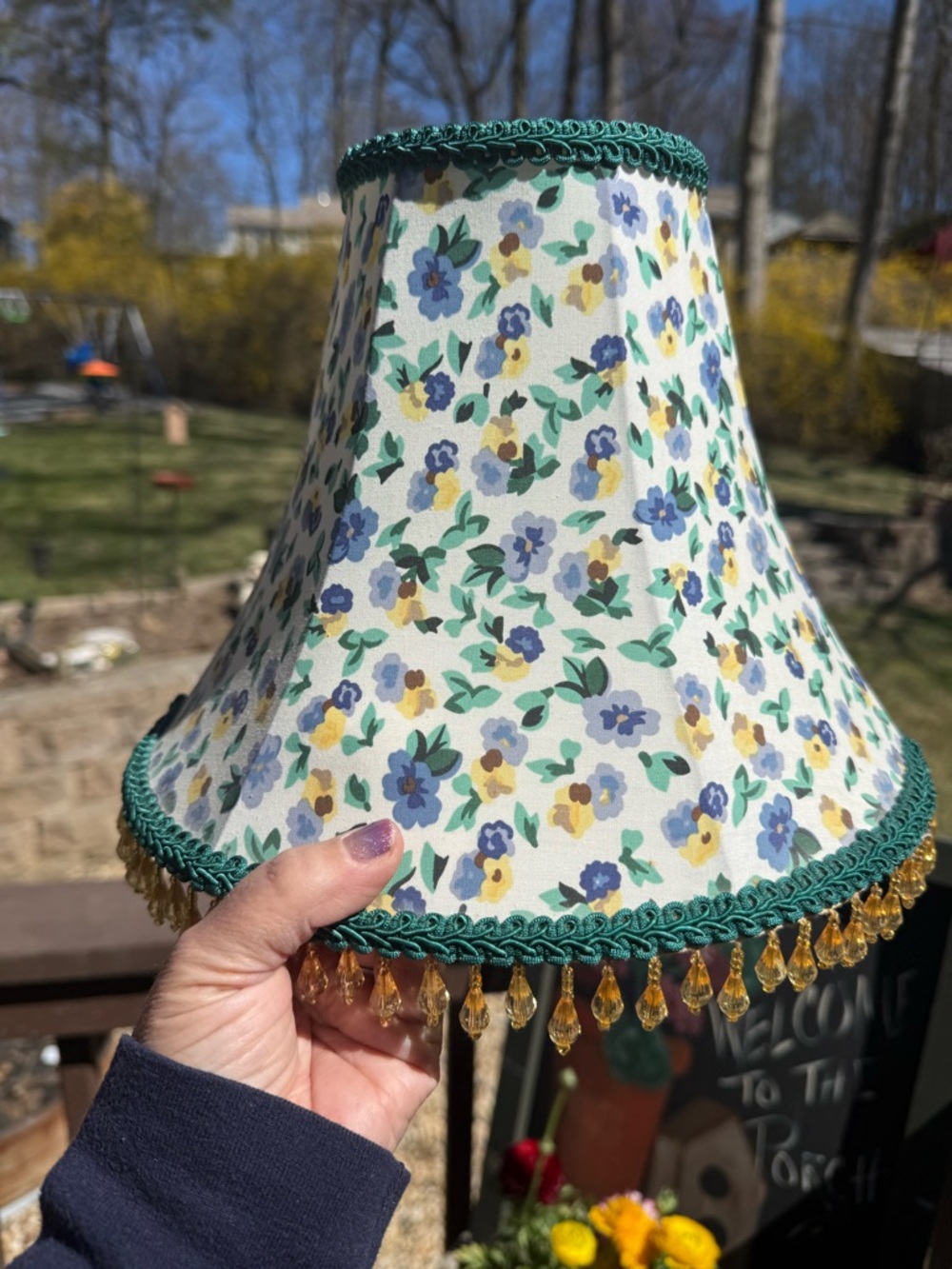 Laura Ashley Floral Fabric Lantern Lamp Shade with Green Trim and Amber Fringe